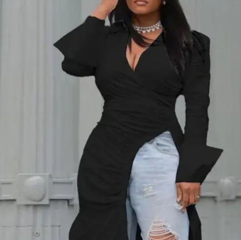 Black High-Waist Long Ruched Wrap Blouse.